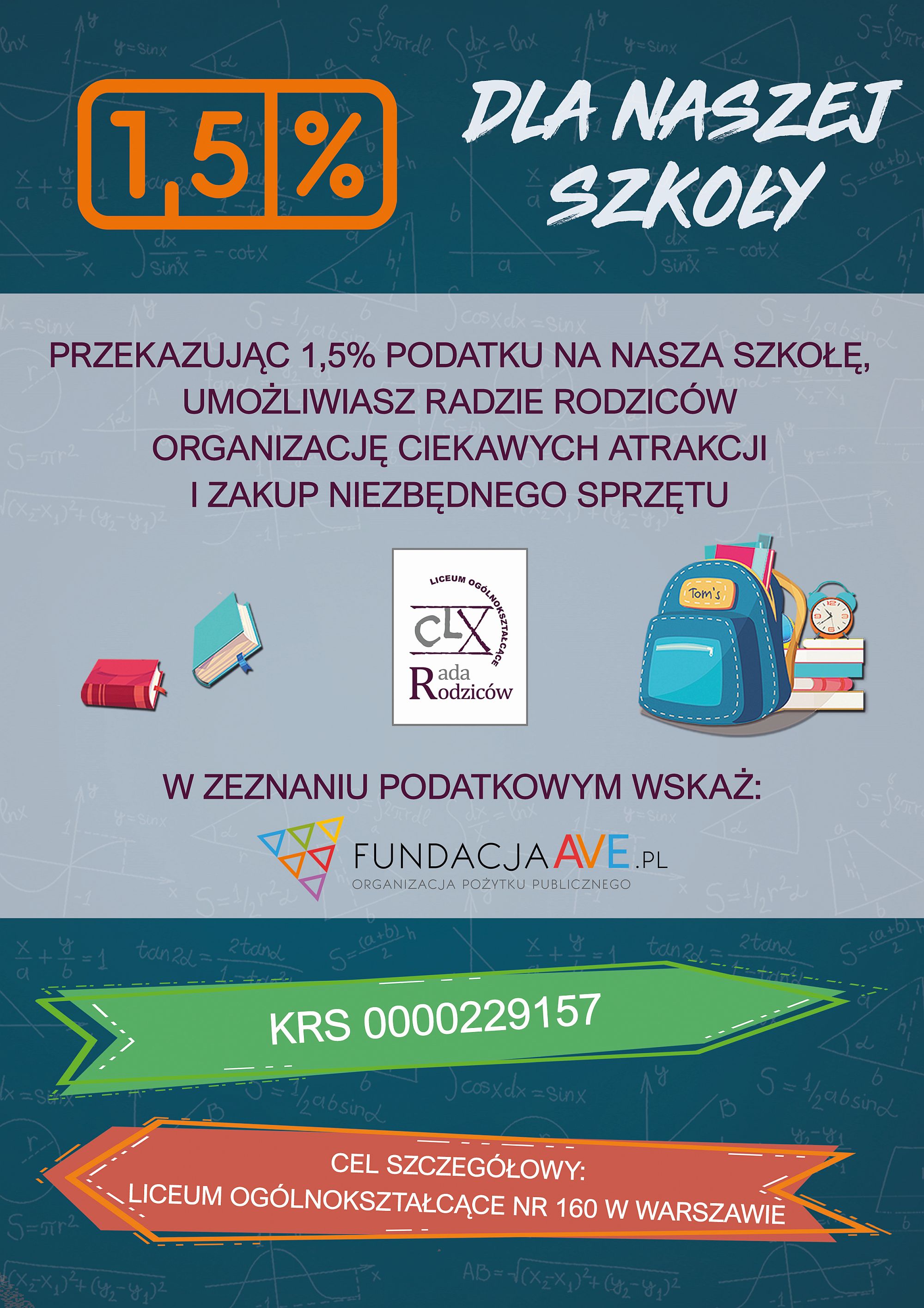 Plakat informuje o&nbsp;przekazaniu 1,5% podatku n działanie Rady Rodzic&oacute;w